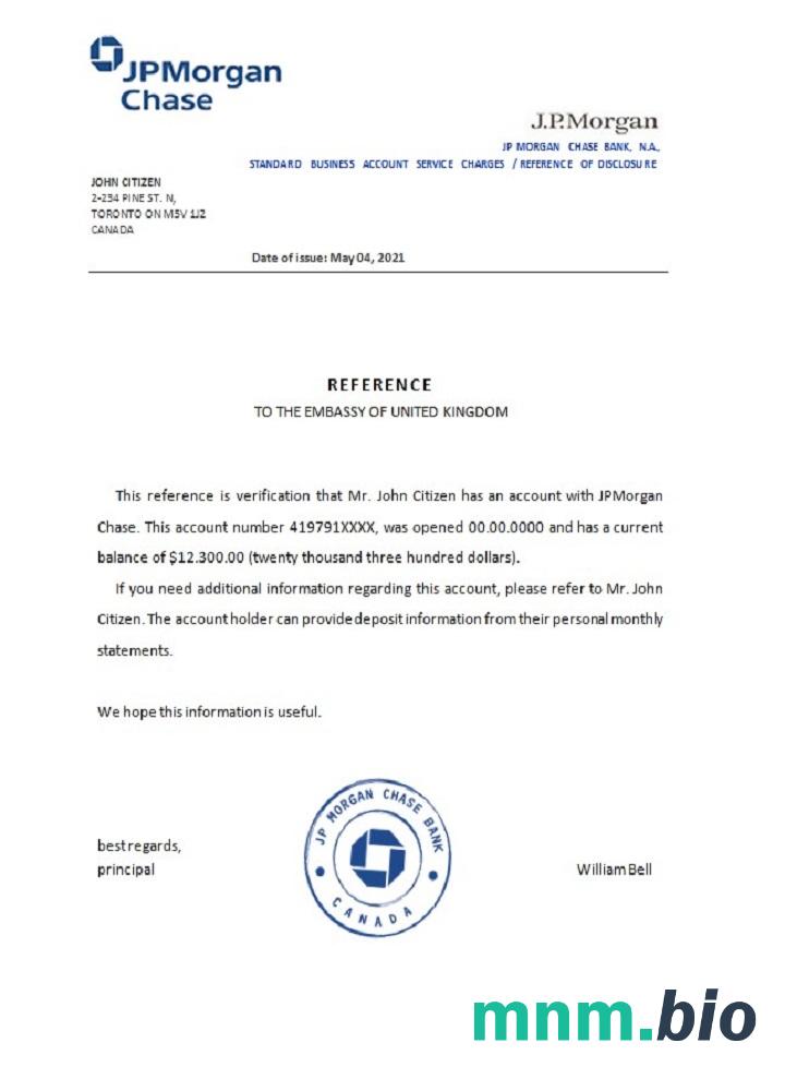 Kanada JP Morgan Chase przykład odniesienia w formatach Word i PDF